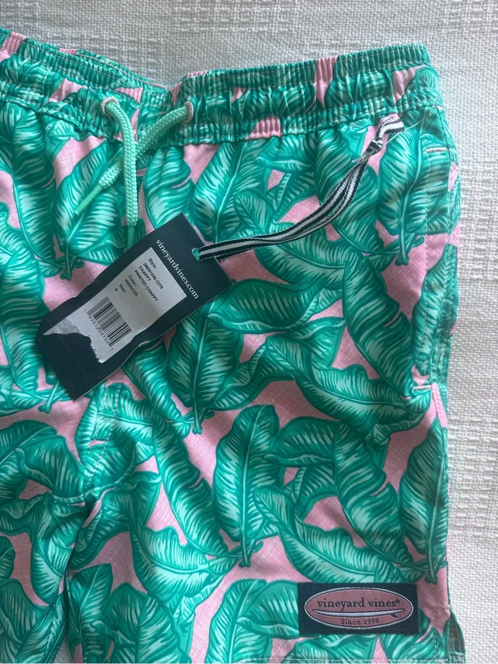 Vineyard Vines Teal Leaf Print Swim Shorts on Pink